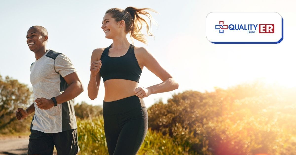 man and woman wearing workout gear running outside